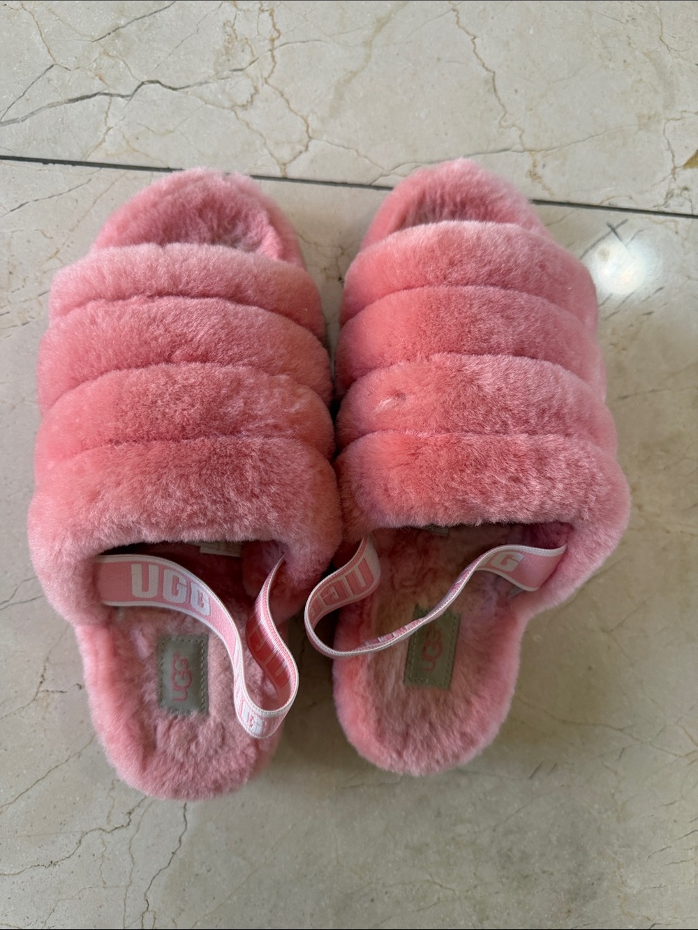 UGG Pink Quilted Shearling Slide Slippers with Branded Strap